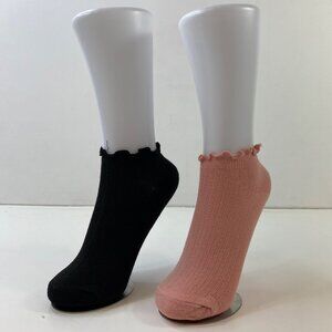 Your Missing Sock Womens Ribbed Ruffle Top Ankle Socks 2 Pack Black Pink
